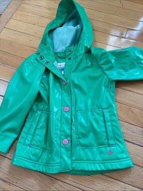 Columbia Girls' Bright Green Hooded Raincoat with Pink Buttons